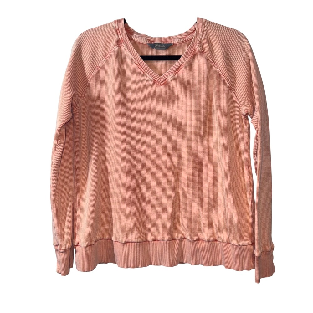 Waffle Knit V-Neck Thermal Top Womens Large Coral Orange